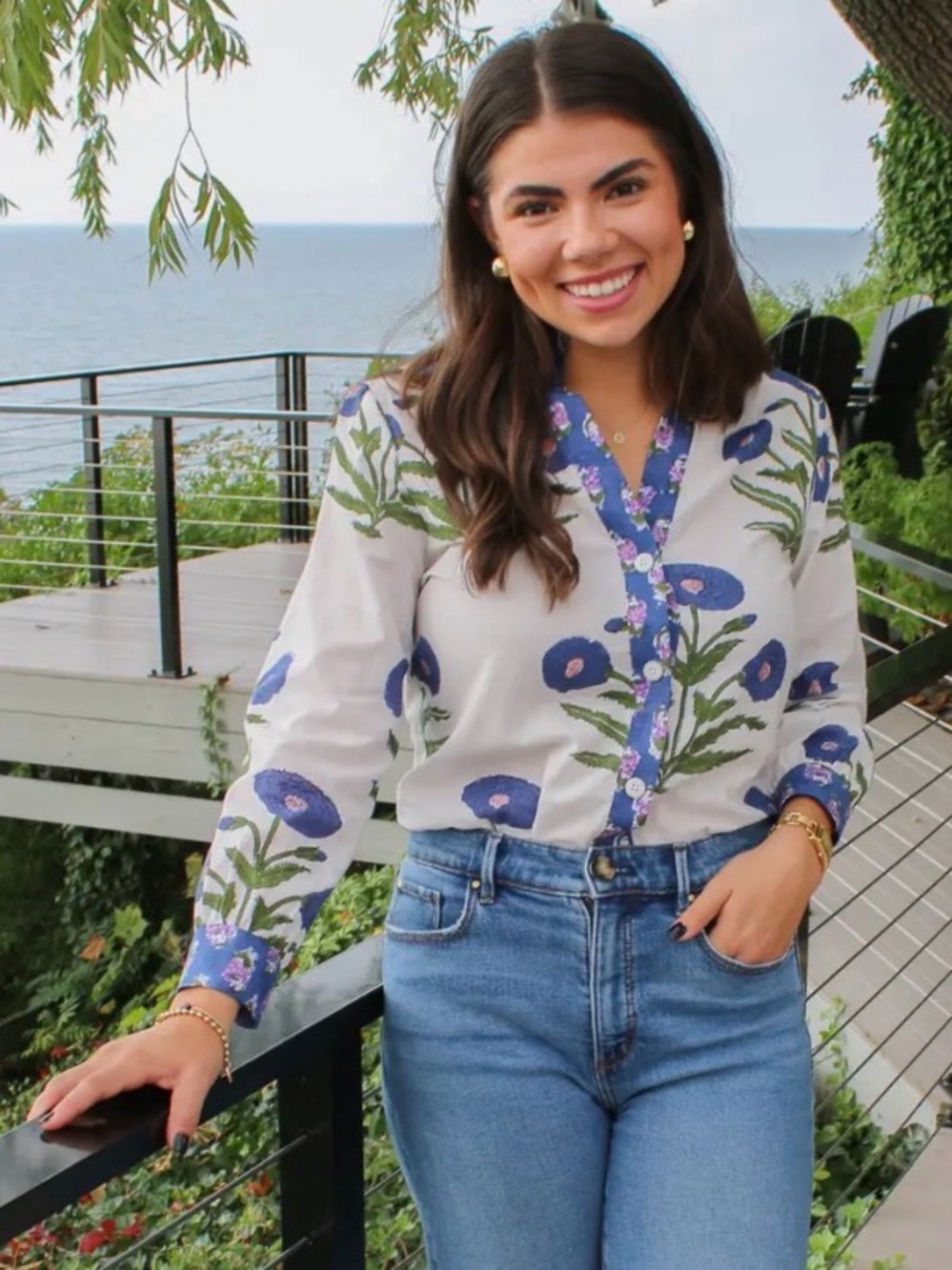 Hey Friends The Label Bonita White Blue Floral Block Print Blouse USA Small S